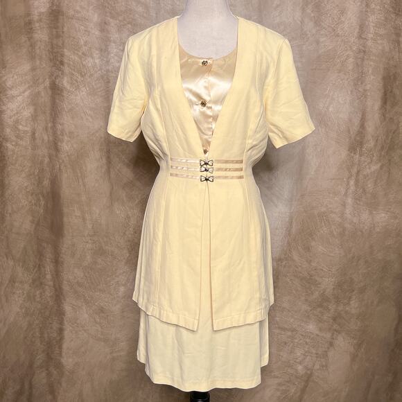 Vintage 90s Wayne Diamond Pale Yellow Layered Shift Dress Button Up Satin Retro - Picture 1 of 10